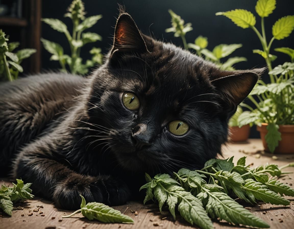 Black Kitten's Catnip Nap: A Cinematic Still