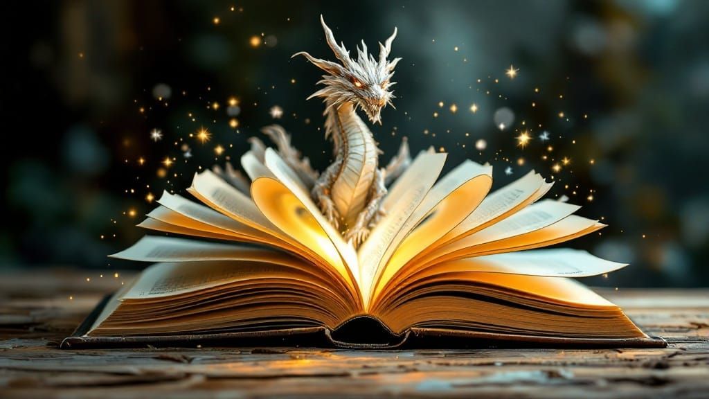 Realistic Dragon Unfolds from Pages of an Open Book