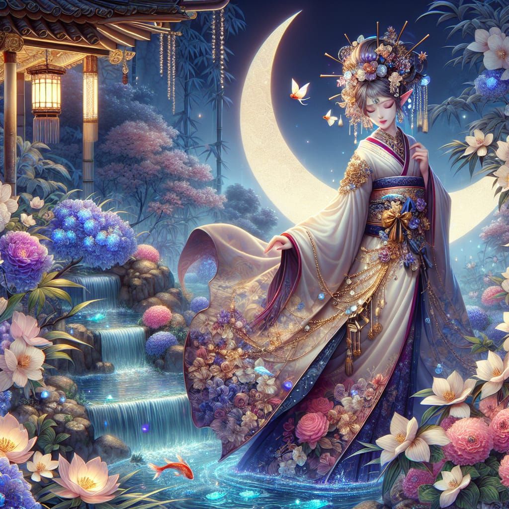 Serene Moonlit Fantasy Geisha
