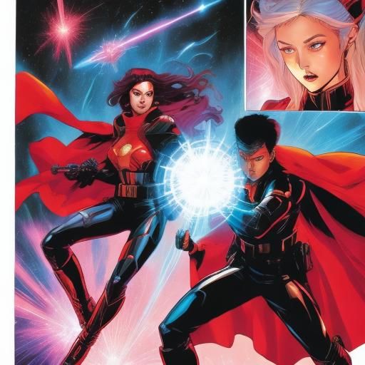 Comic Book Battle Scene with Laser Rifle and Magic