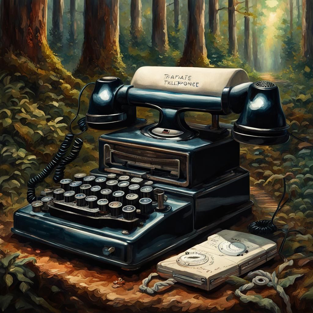 Enchanted Forest: Vintage Phone and Typewriter in Aquarelle