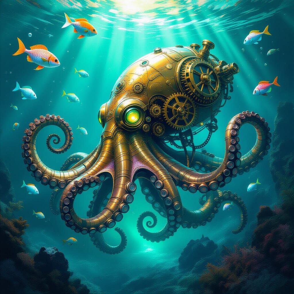 Steampunk Kraken Emerges from Bioluminescent Ocean
