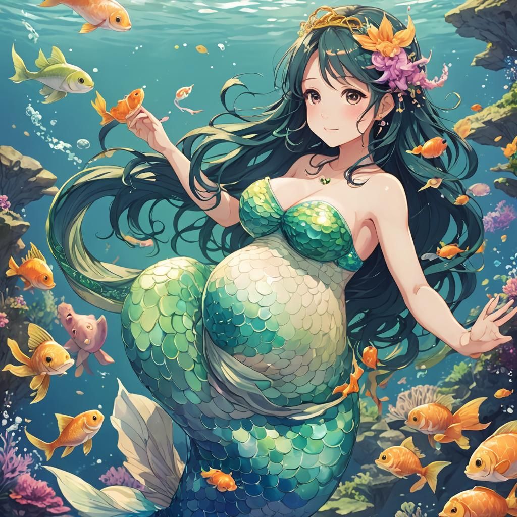 Pregnant Anime Mermaid in Manga Style