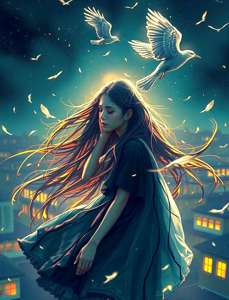 Rooftop Dancer Portrait in Romantic Art Nouveau Style