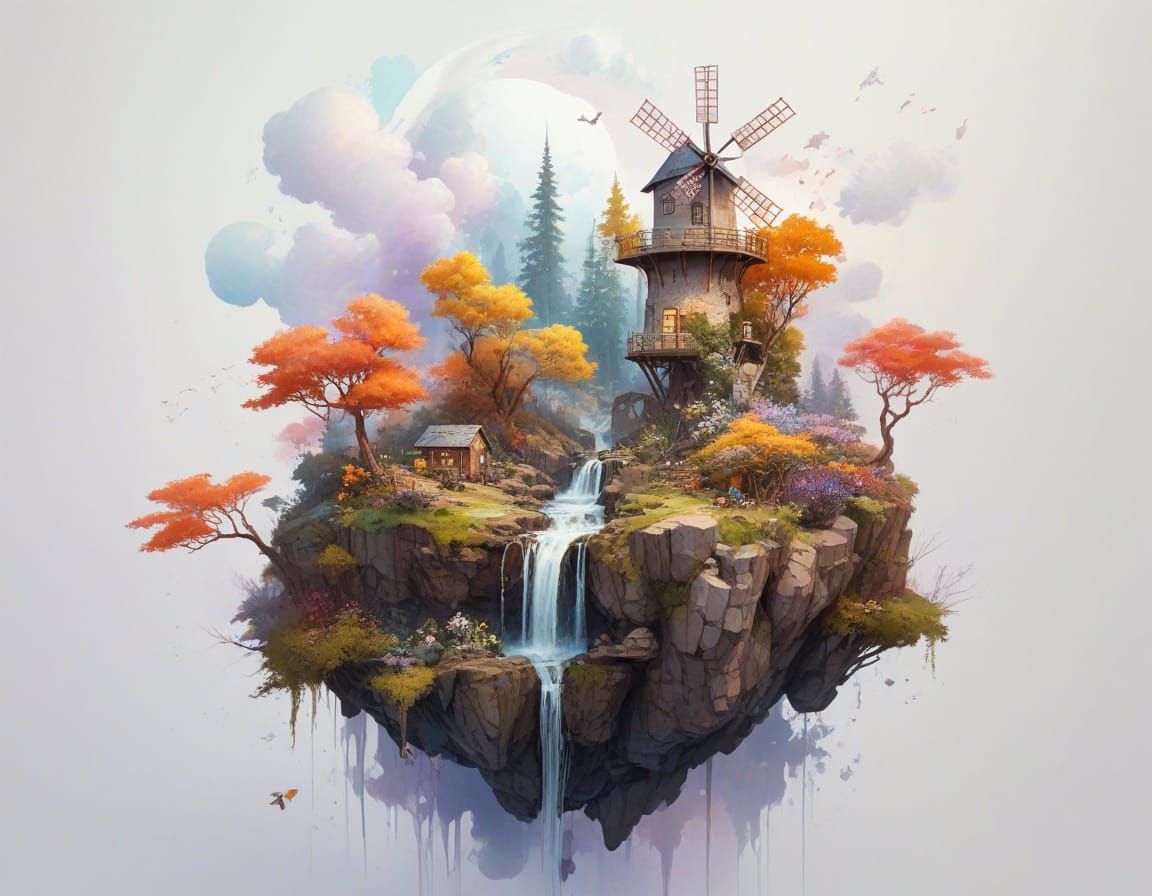 Floating Island Garden with Rainbow Waterfall, Watercolour I...