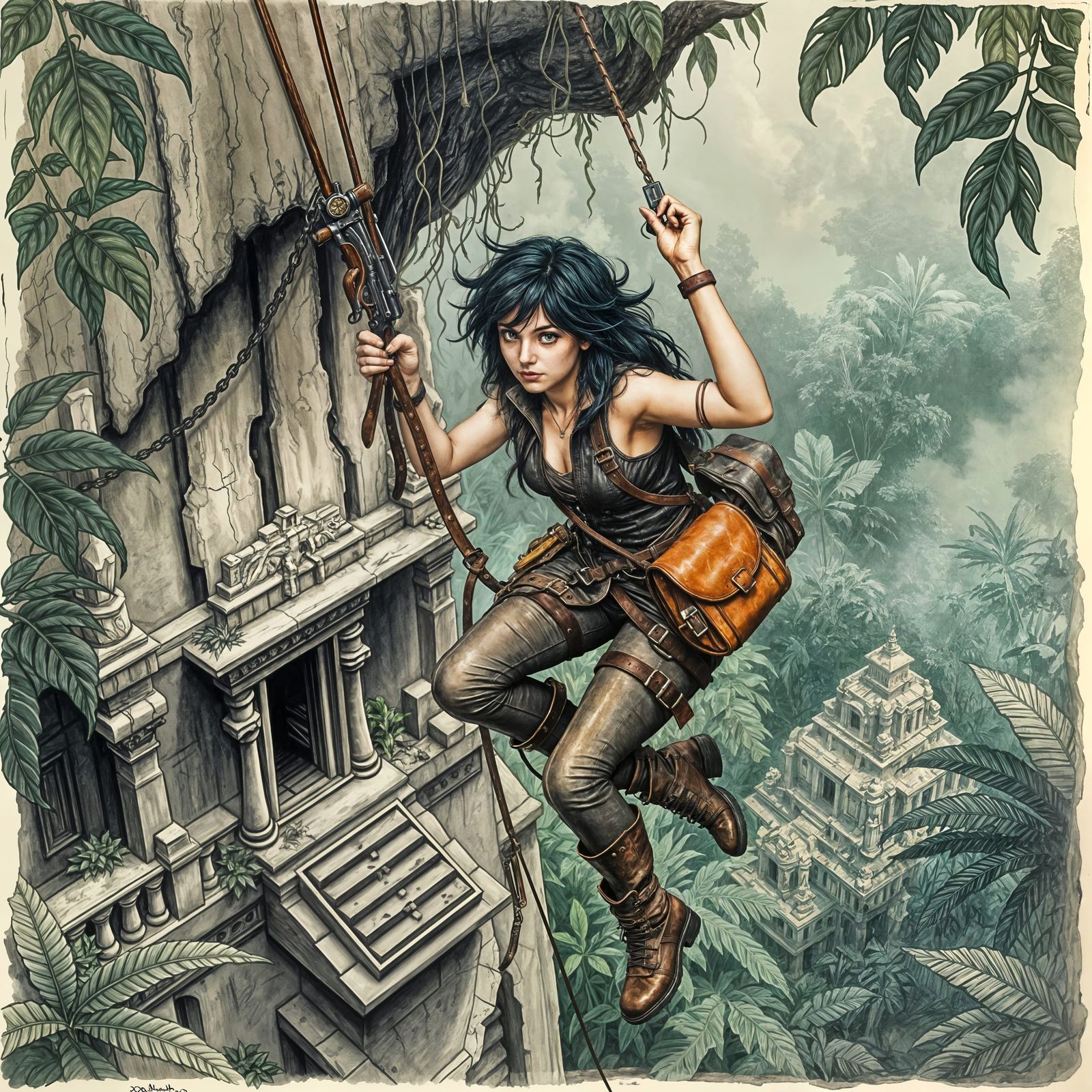 Female Rogue Exploring Jungle Temple, Art Nouveau Style