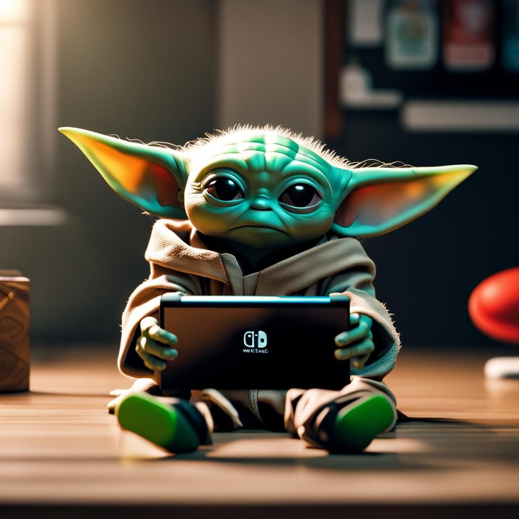 Baby Yoda playing nintendo switch