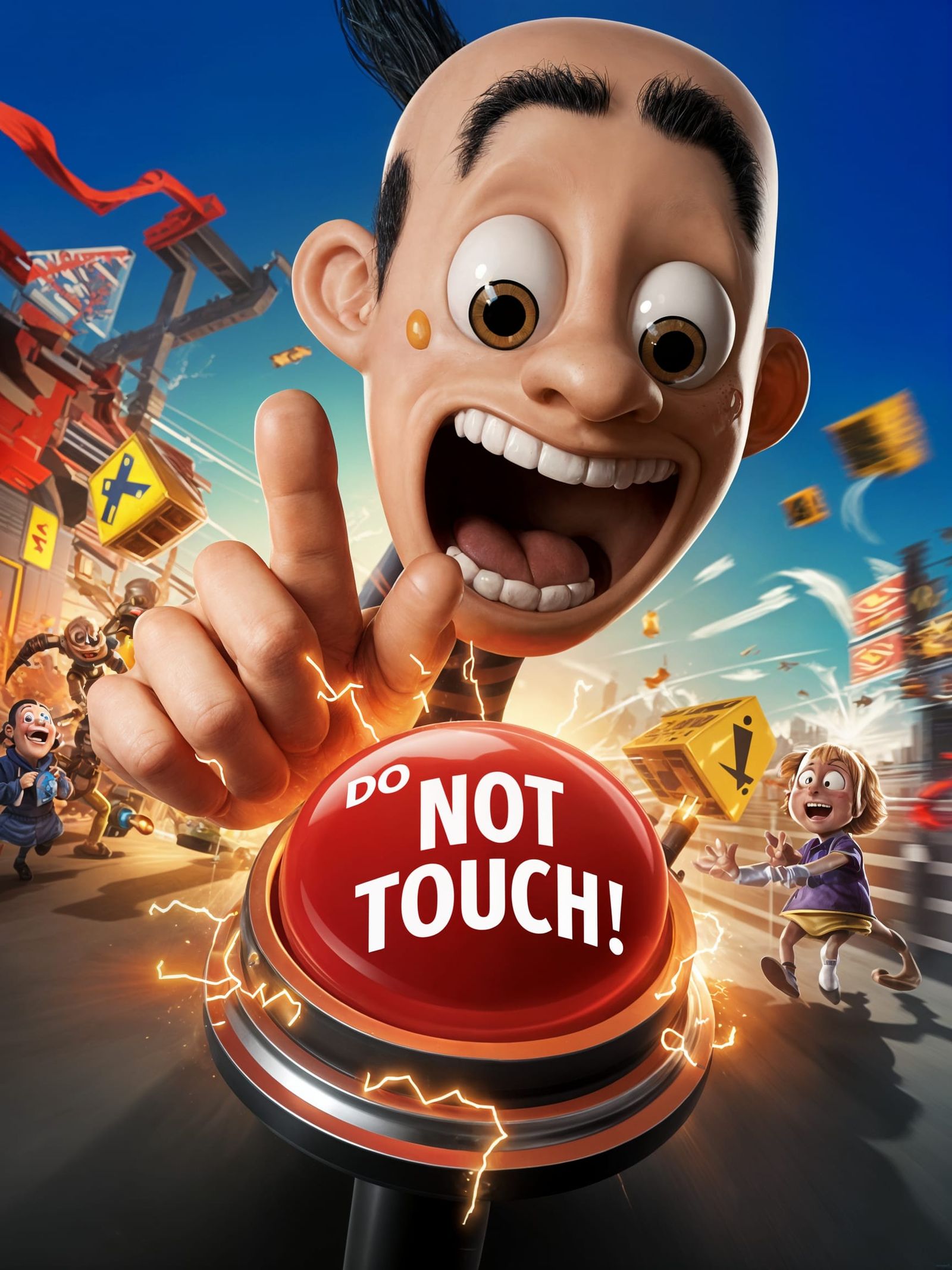 Exaggerated Cartoon Character Hovers Over Ominous Red Button