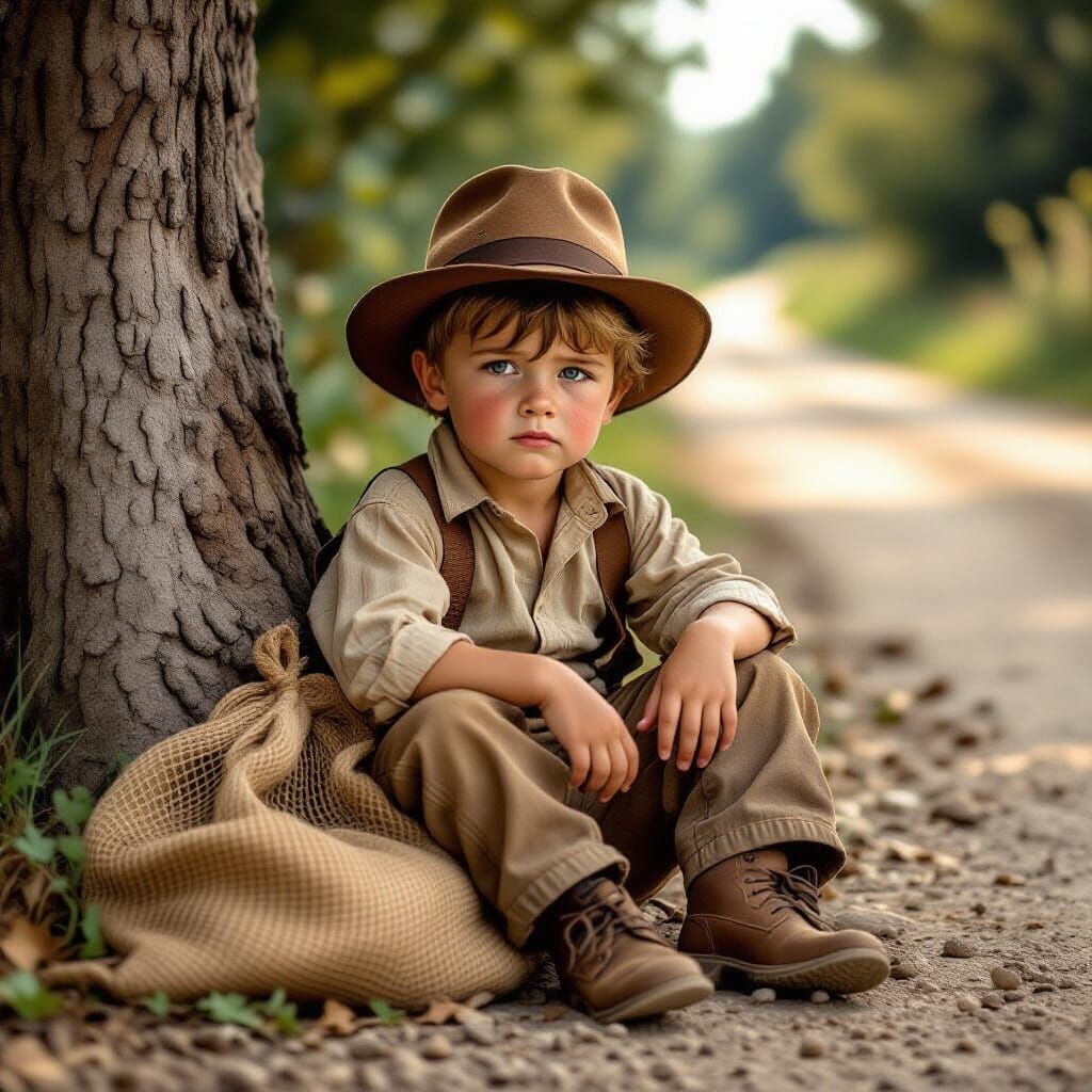 Boy on Dirt Road, Realistic & Nostalgic Style