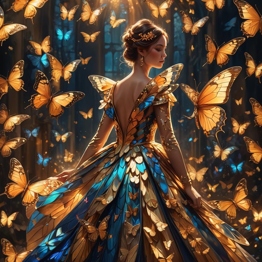 Woman in Butterfly Gown: Art Nouveau Digital Painting