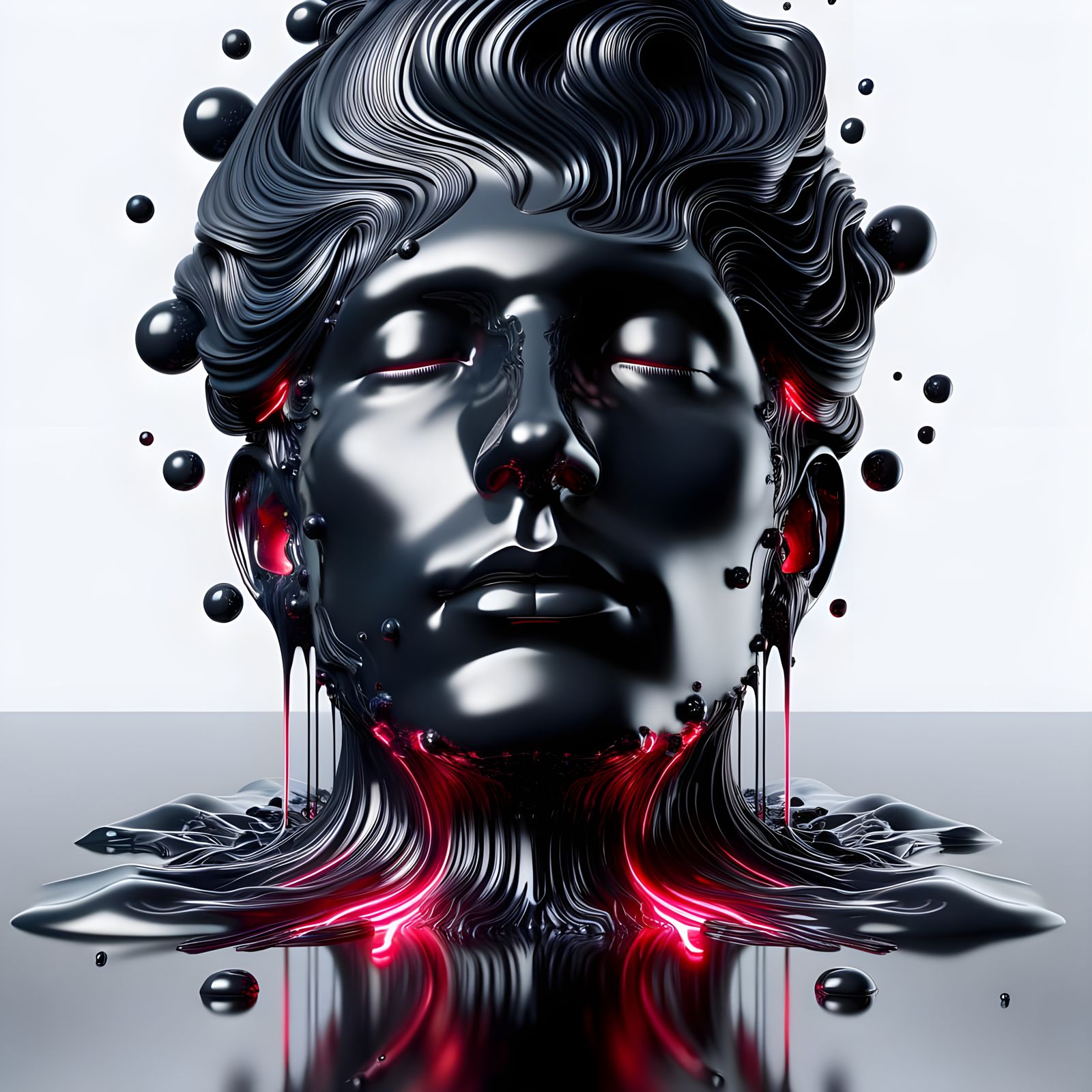 Realistic 3D Face Emerges from Liquid Obsidian with Neon Red...