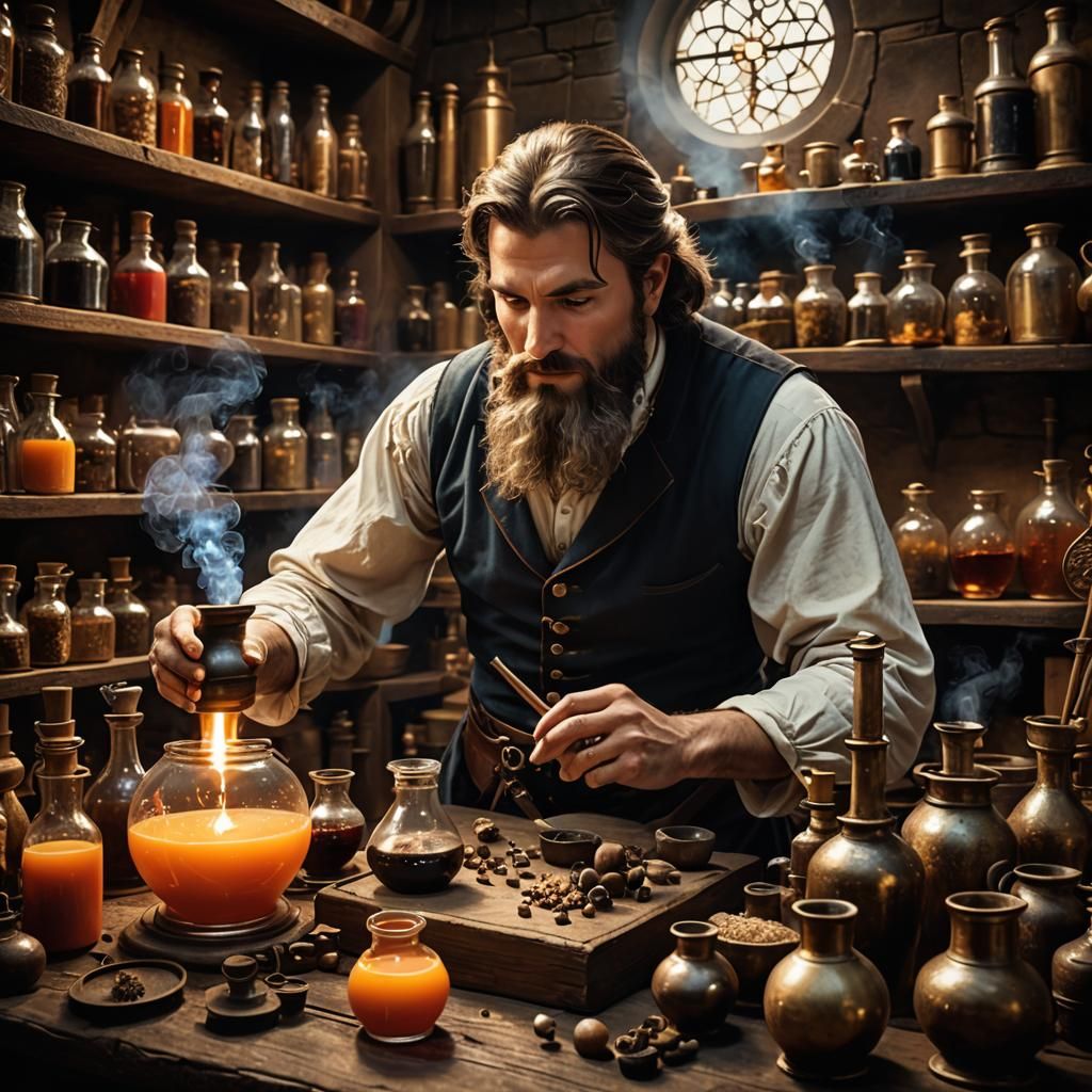 Medieval Alchemist at Work in Laboratory