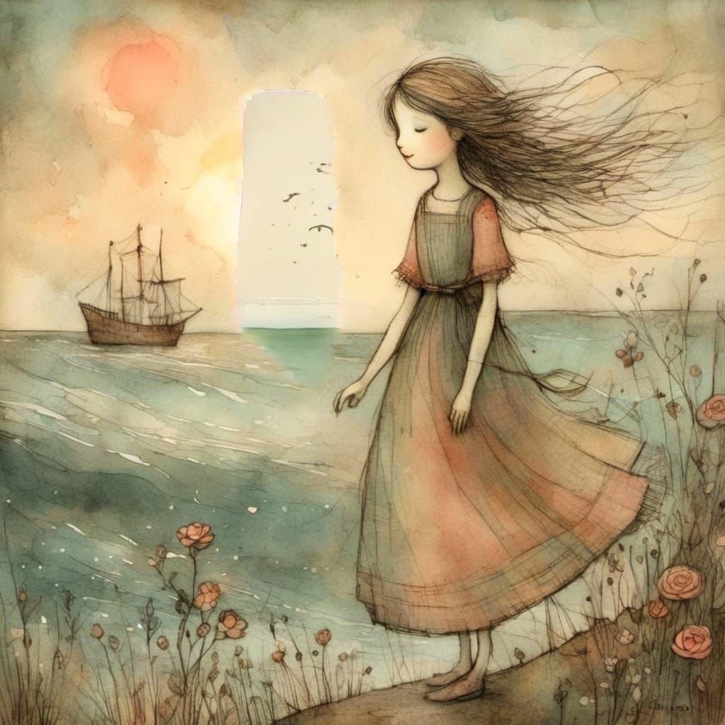 Colonial Girl at Shoreline: Watercolor Storybook Illustratio...