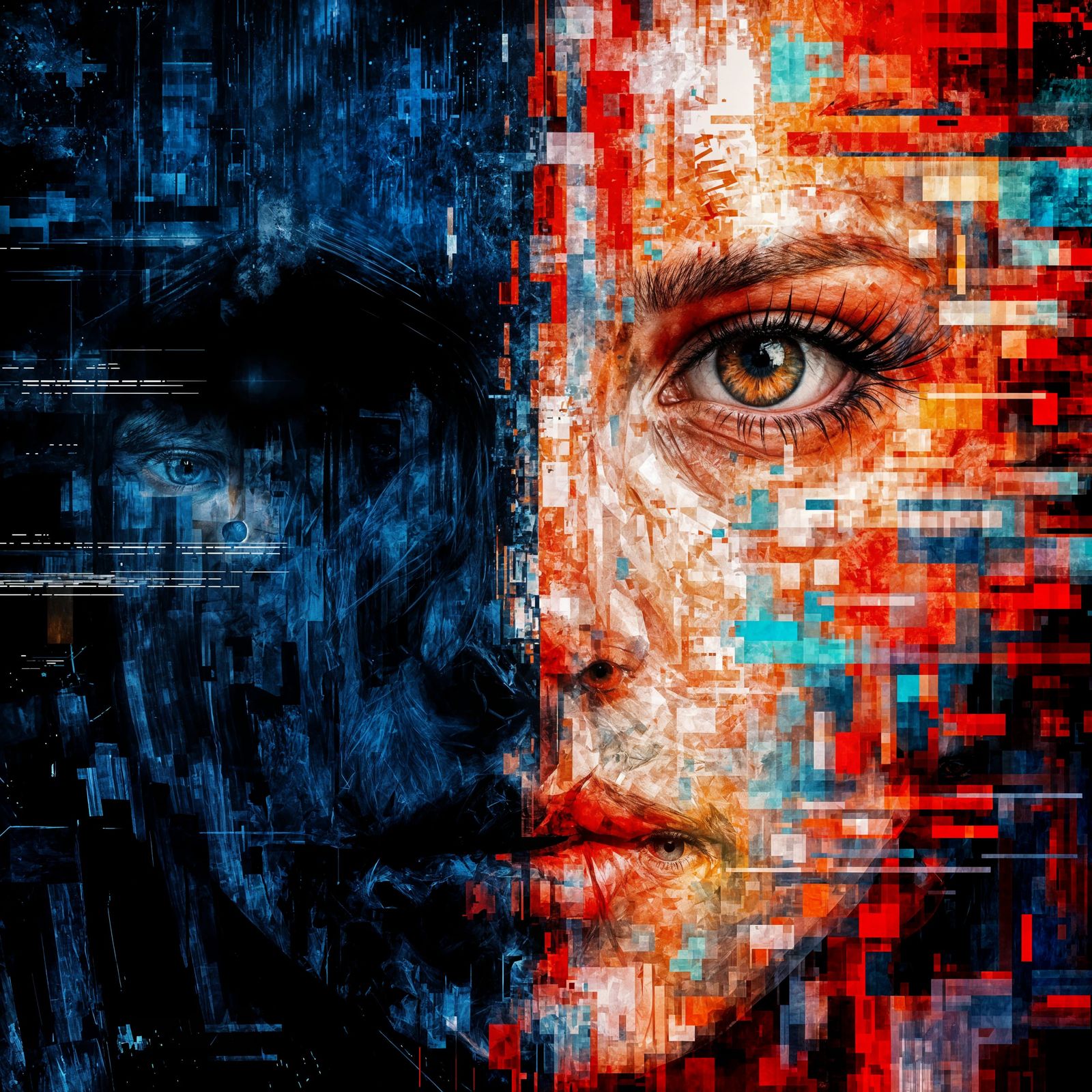 Surreal Glitch Art Portrait Split Face