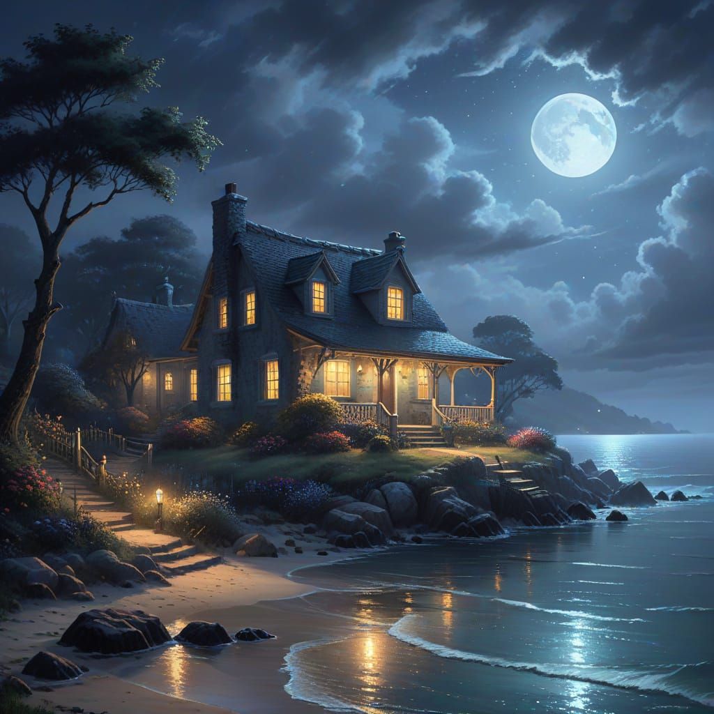 Mysterious Cottage by Moonlit Ocean Shore