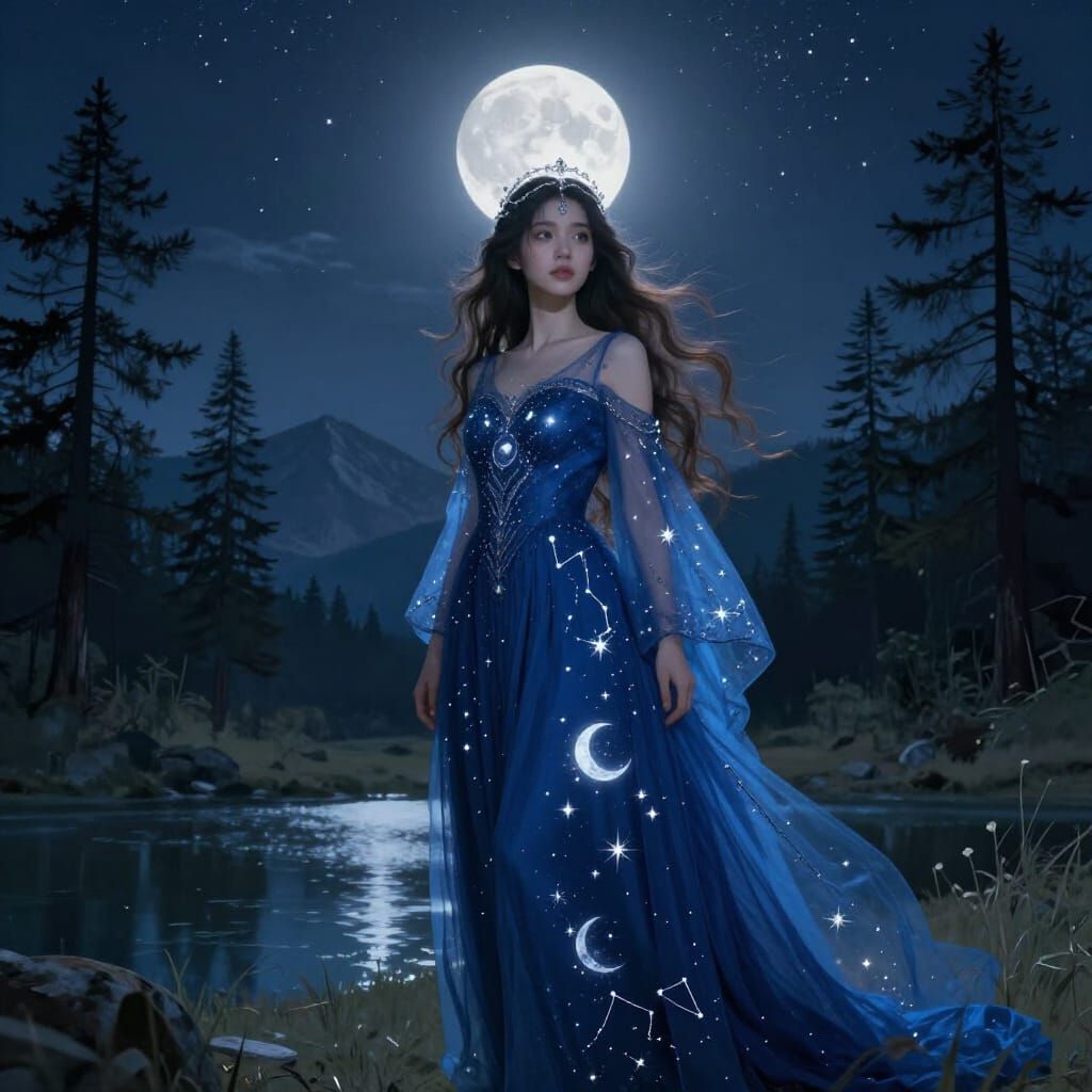 Ethereal Maiden in Moonlit Fantasy Landscape