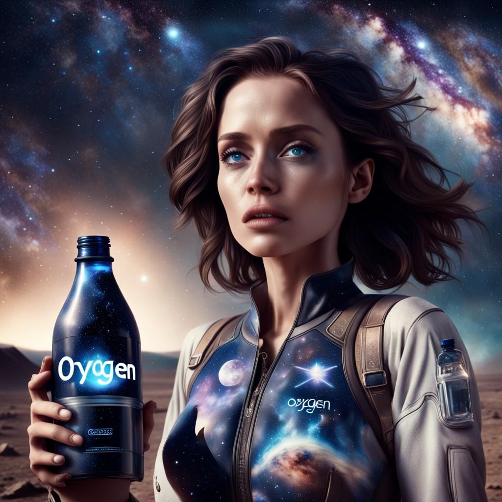Woman Walks on Milky Way with Oxygen Bottle