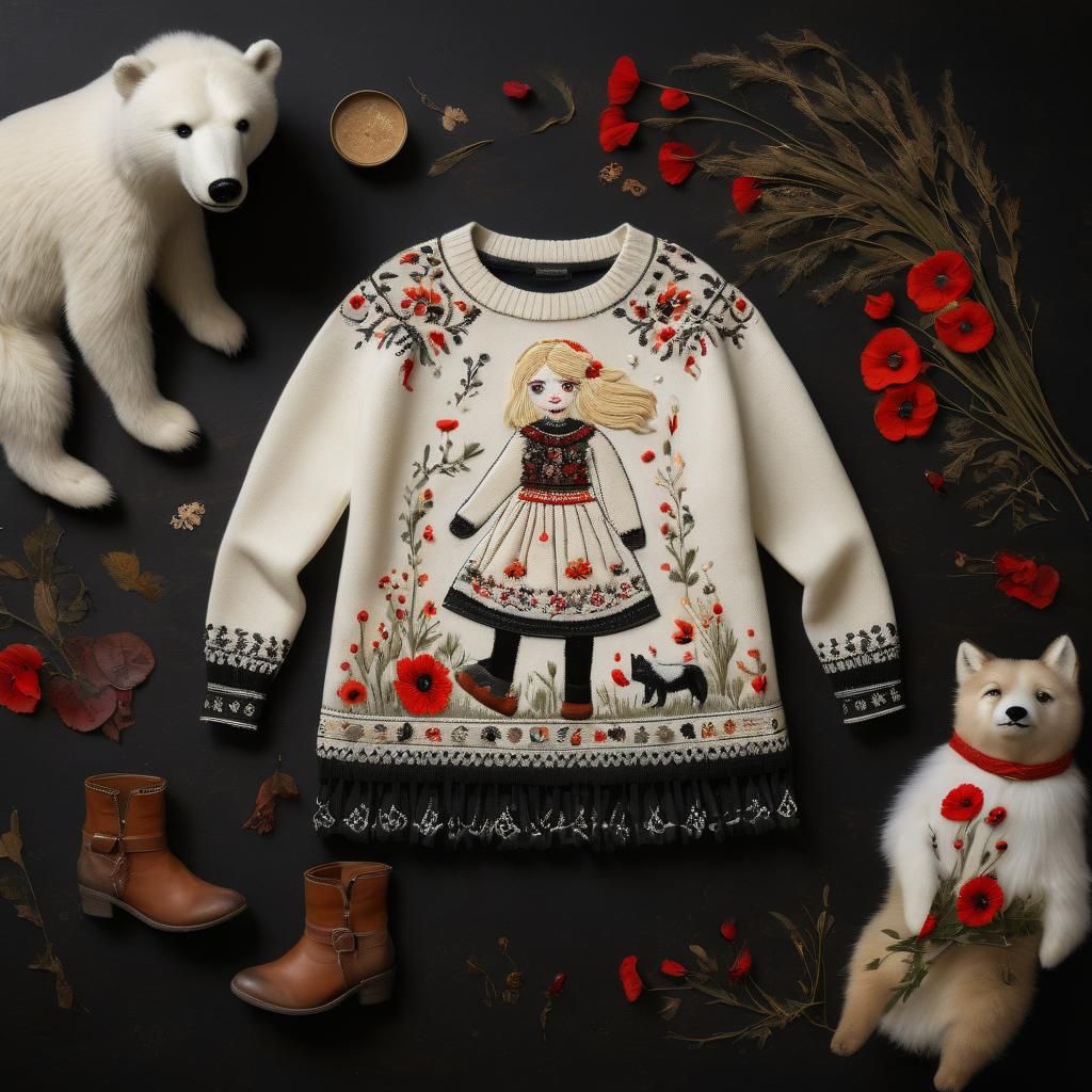 Folk Art Embroidered Sweater Scene with Determined Girl and...