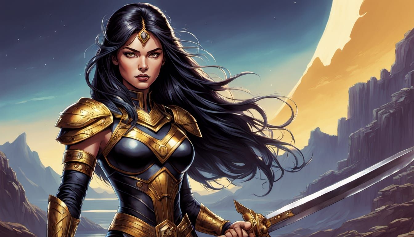 Ethereal Warrior Princess in Black and Gold Armor