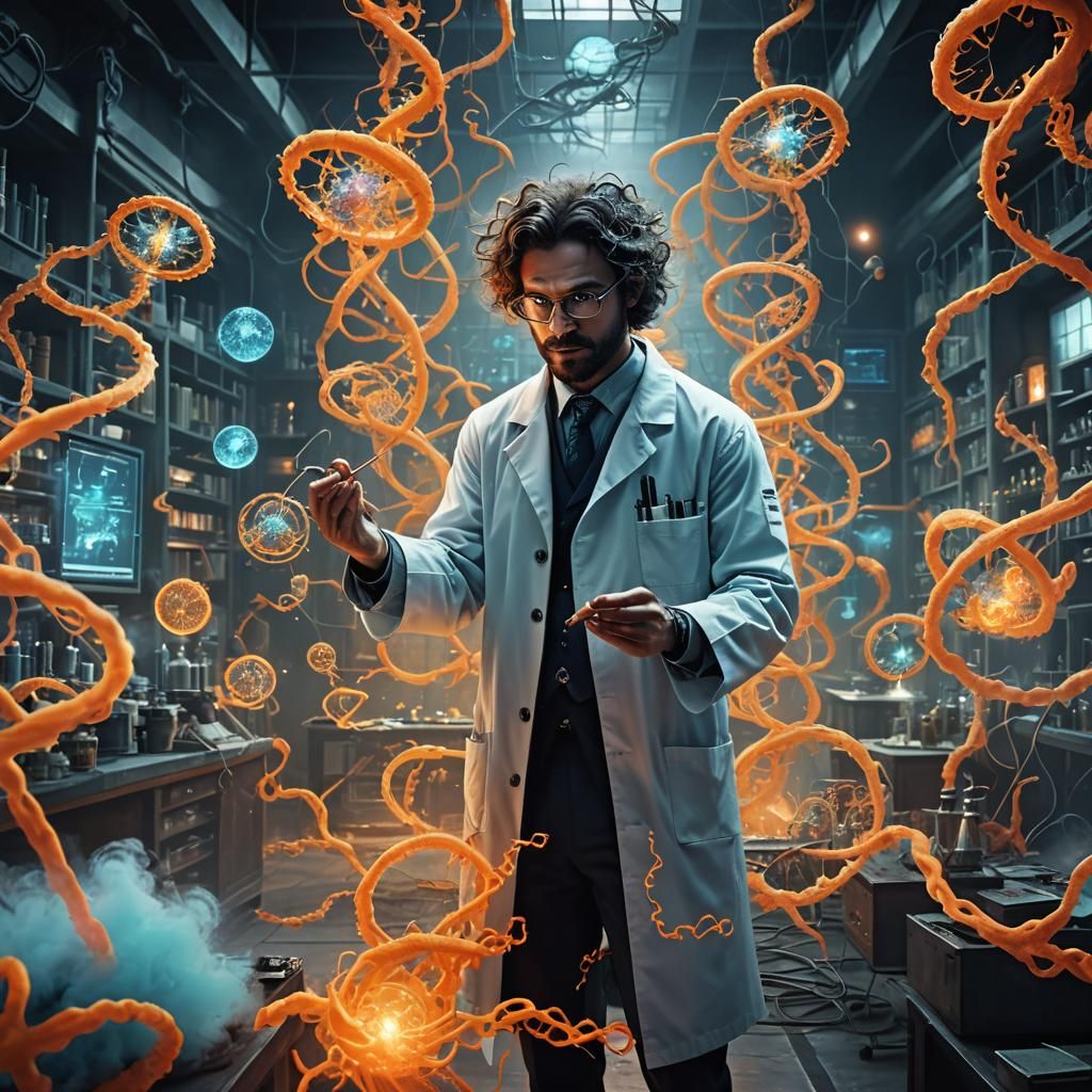 Mystical Lab: Scientist and Glowing DNA in Fantasy Art