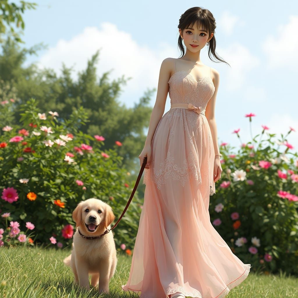 Woman with Puppy in Pink Dress, Anime 3D Art