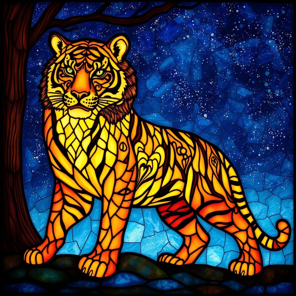 Surreal Tiger Silhouette in Vibrant Stained Glass