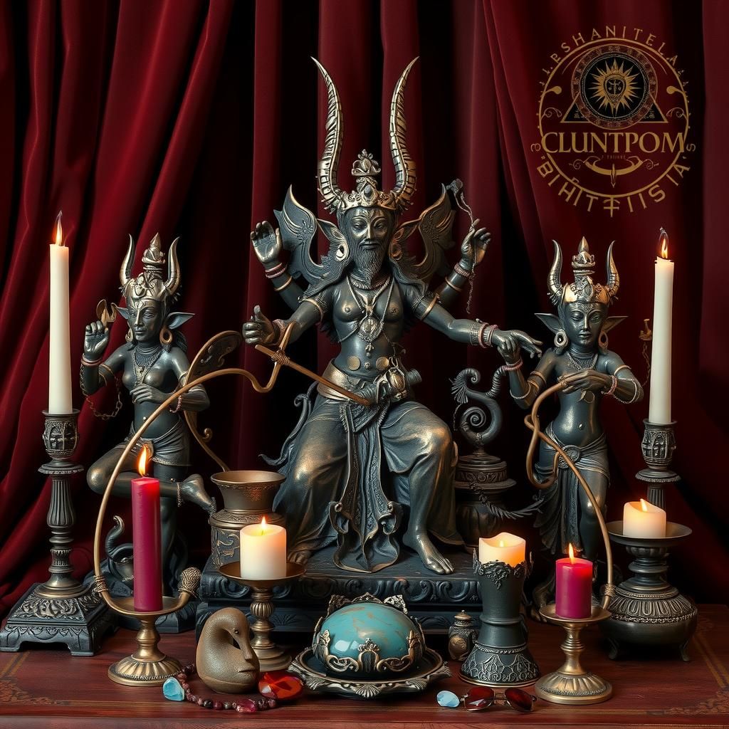 Bronze Deities and Mystical Artifacts in Surreal Setting