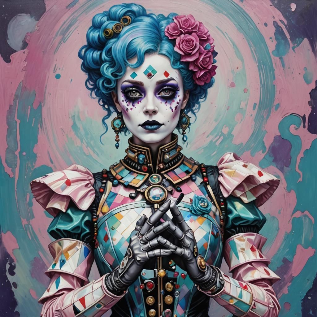 Harlequin Cyborg Portrait in Vaporwave Impasto Style