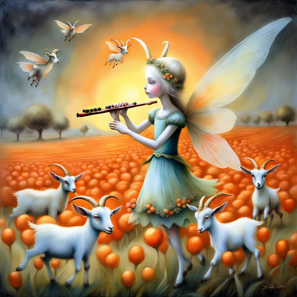 Winged Fairy Leads Goats in Ornate Pixar Style