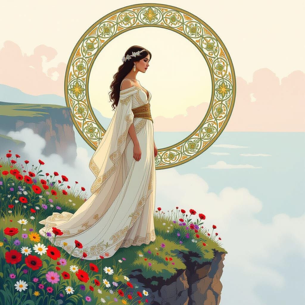 Woman on Misty Cliff with Wildflowers in Art Nouveau Style
