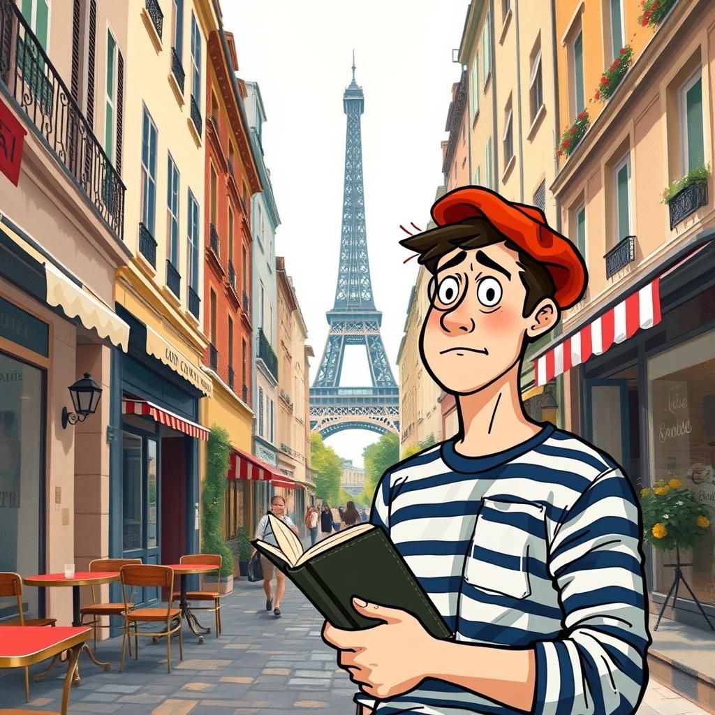 Puzzled Tourist in Charming French Street Scene