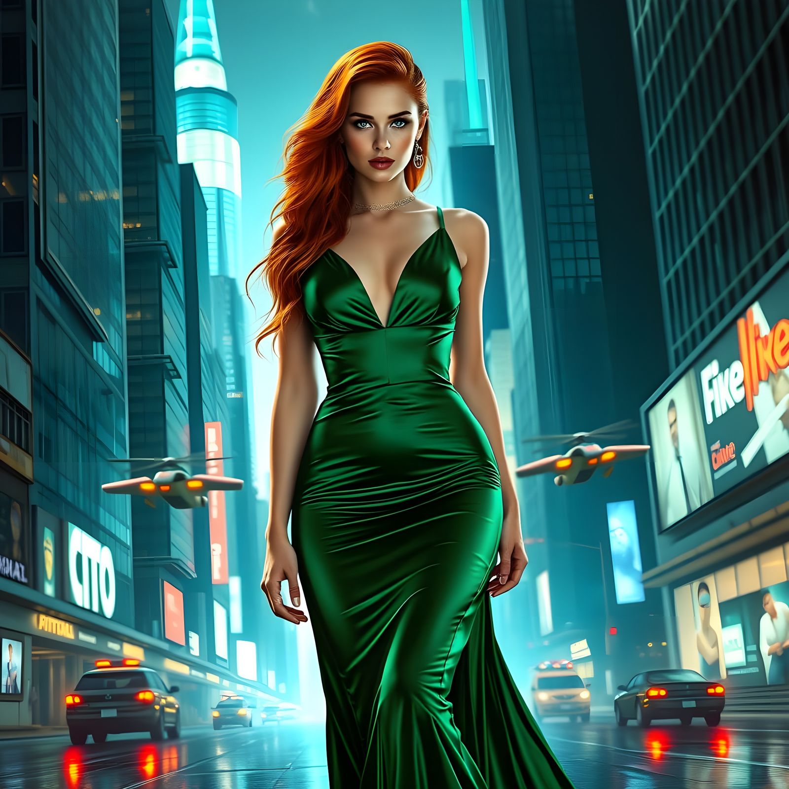 Redhead in Emerald Gown Strides Through Cyberpunk City