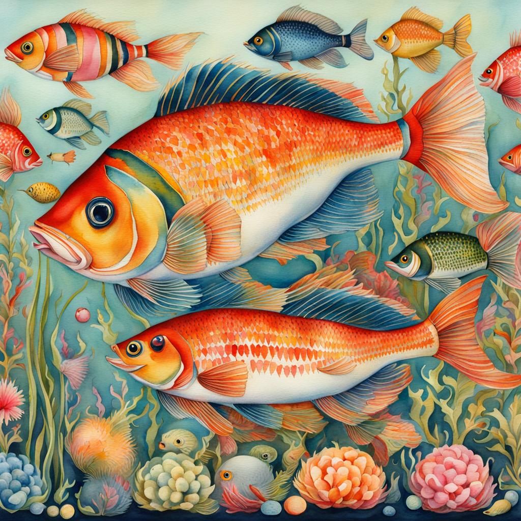 Cat-Fish in Aquarium: Whimsical Watercolor Art