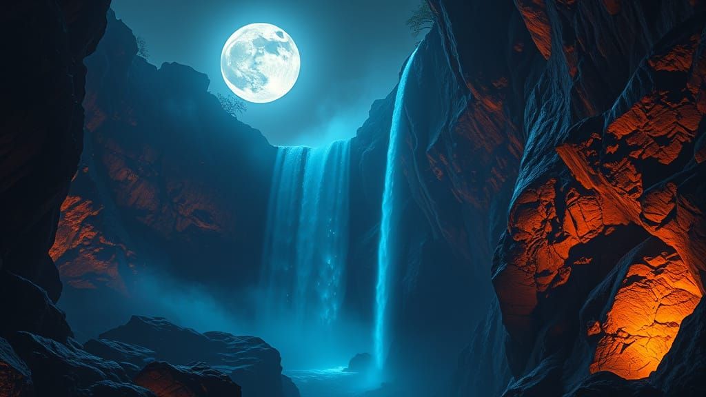 Sapphire Falls Illuminated in Hyperrealistic Neon Light