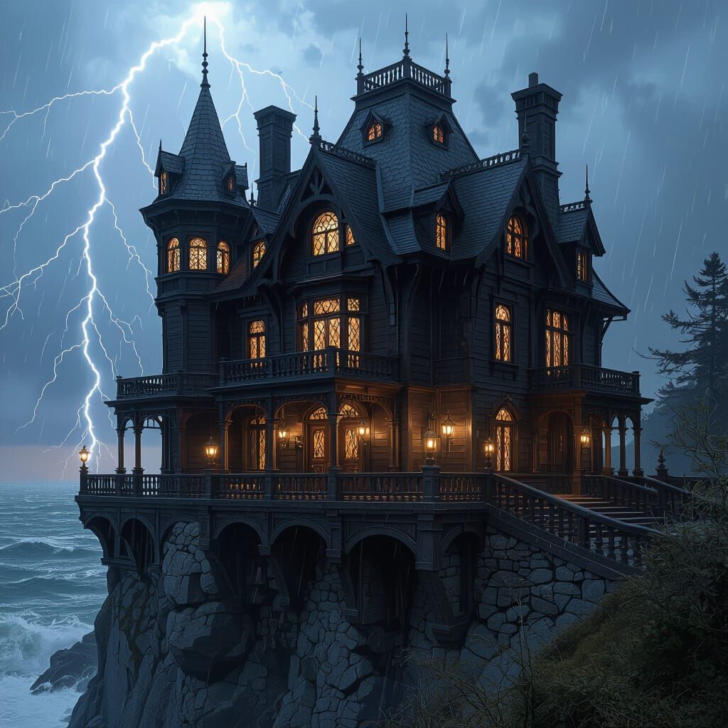 Gothic Fantasy Mansion on Stormy Coast