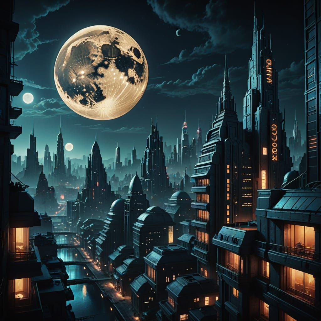 Futuristic Cityscape Under Cracked Moon