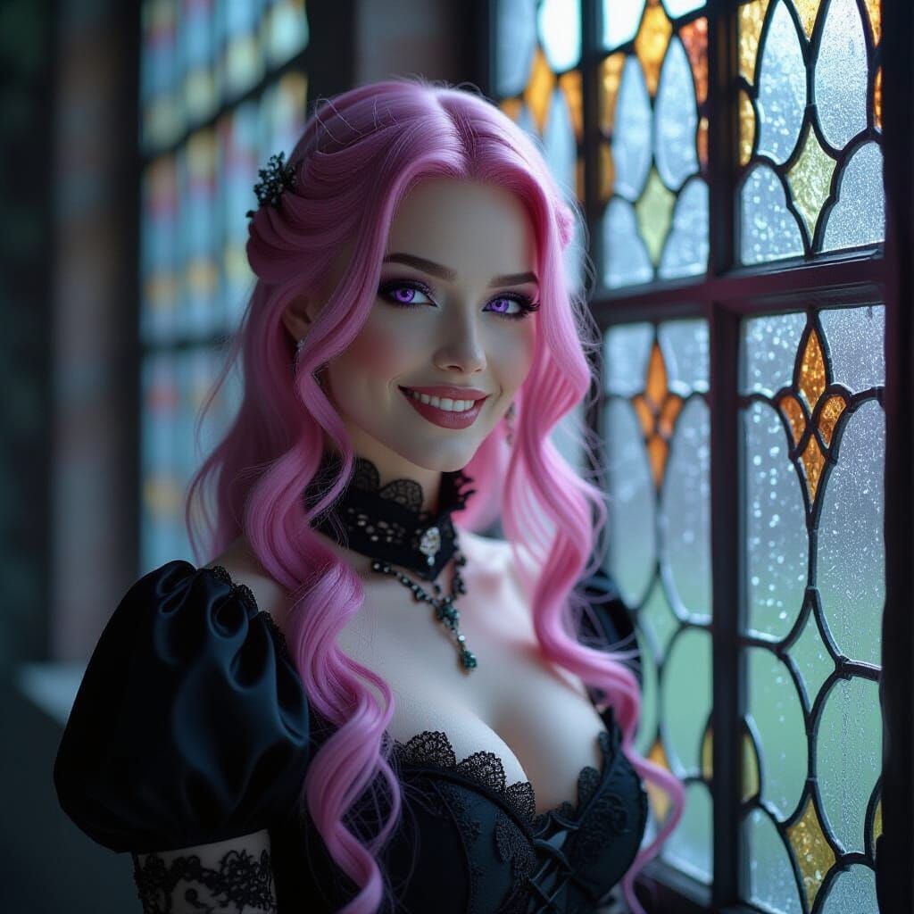 Mysterious Pink Haired Woman by Rainy Stained Glass Window