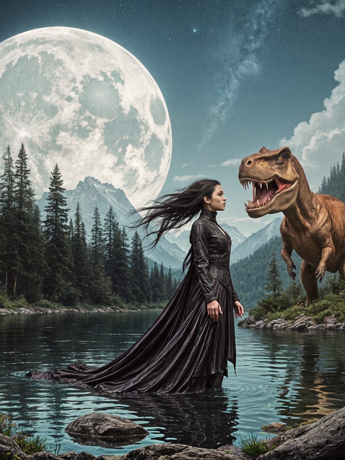Vampire and T-Rex Under a Silver Moon