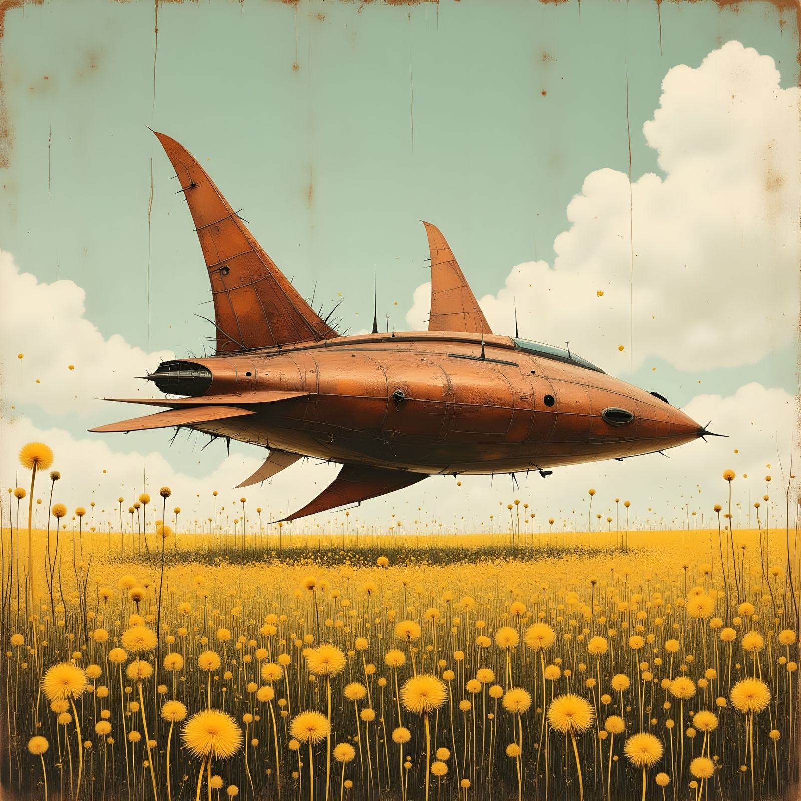 Copper-Finned UFO in Dandelion Field: Sci-Fi Art