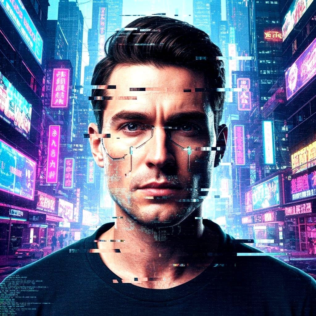 Glitched Cyberpunk Hacker in Urban Landscape