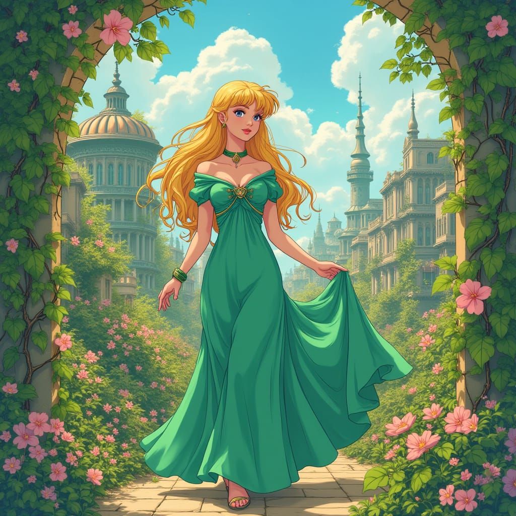 Solar Punk Woman in Anime Style with Flowers