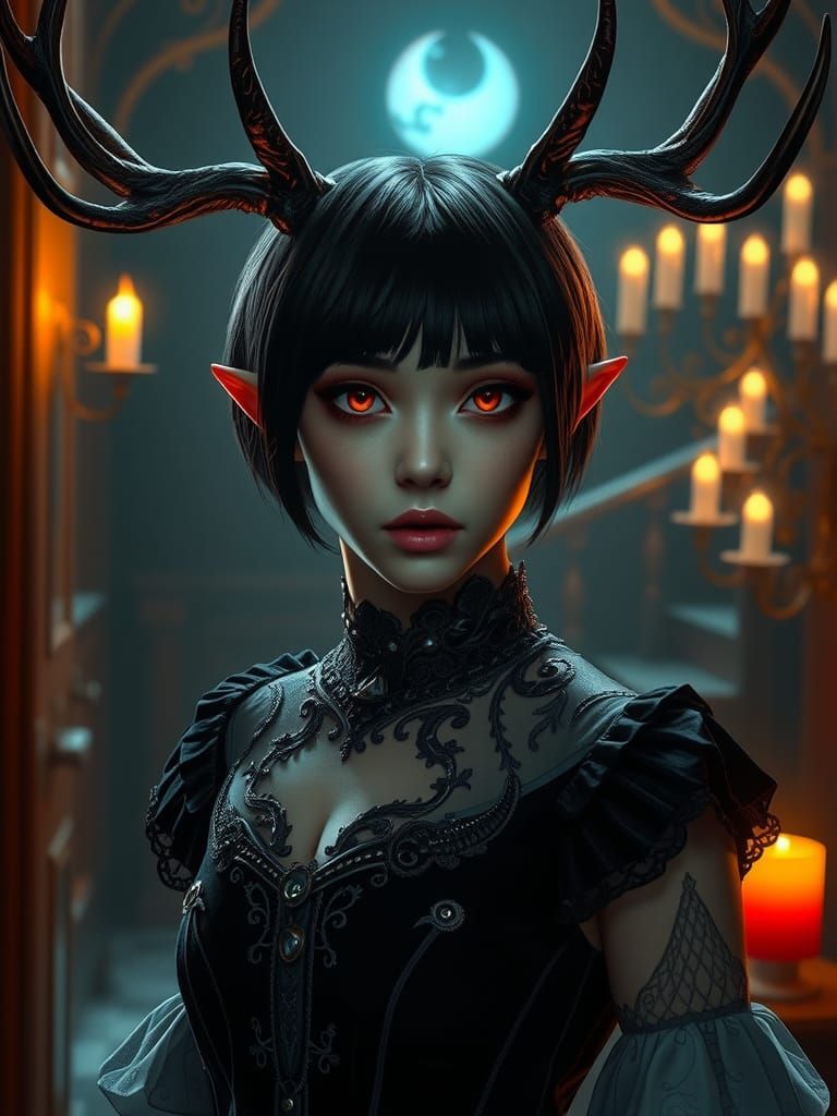 Gothic Woman Portrait in Candlelit Mansion