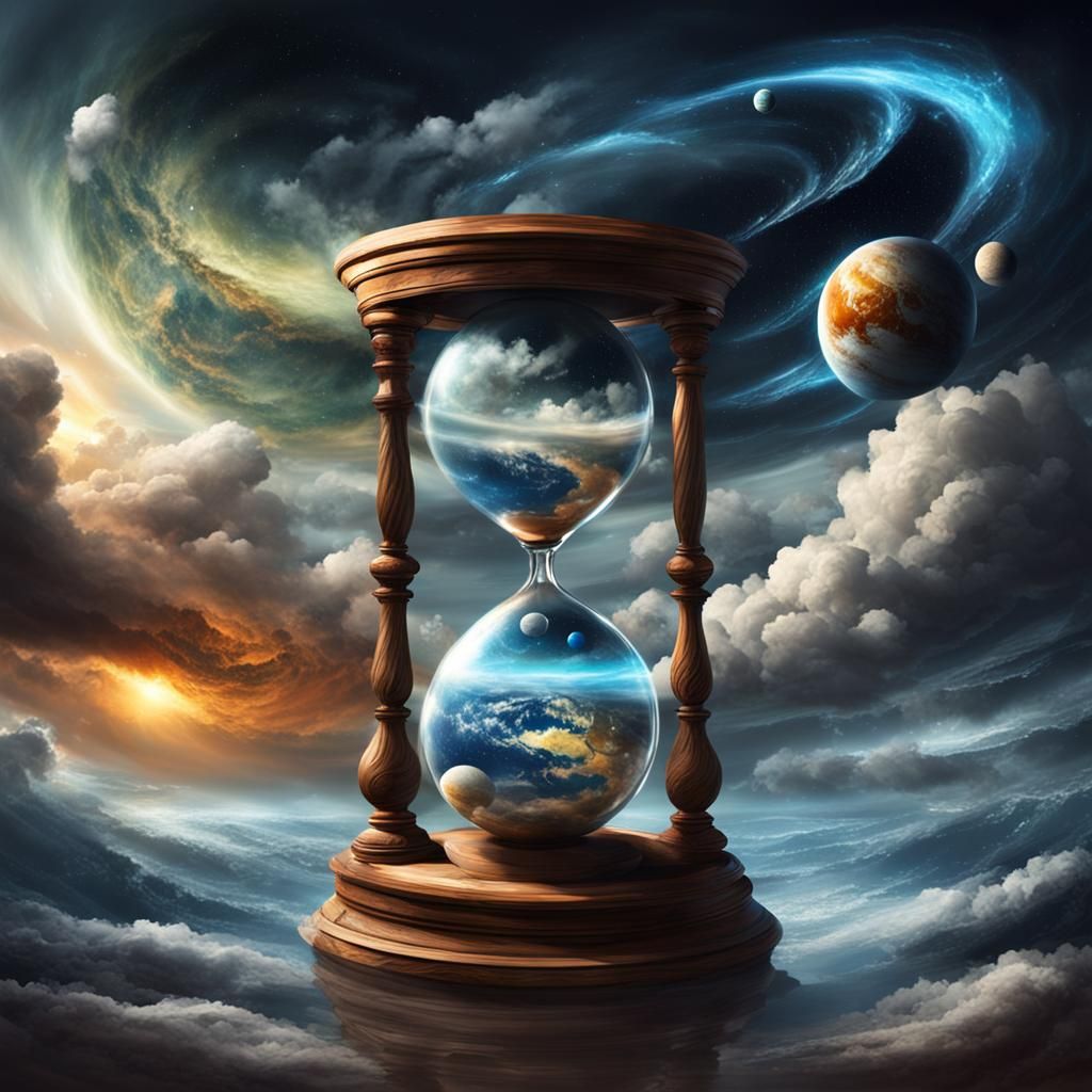 Hourglass in Storm with Planets and Clouds