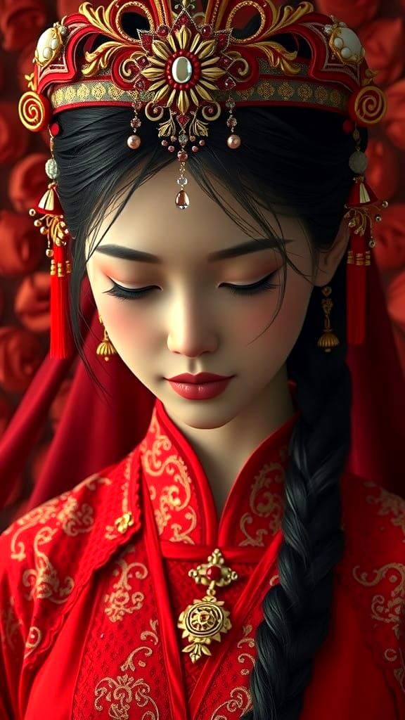 A 1400s Chinese Bride in Traditional Red Attire