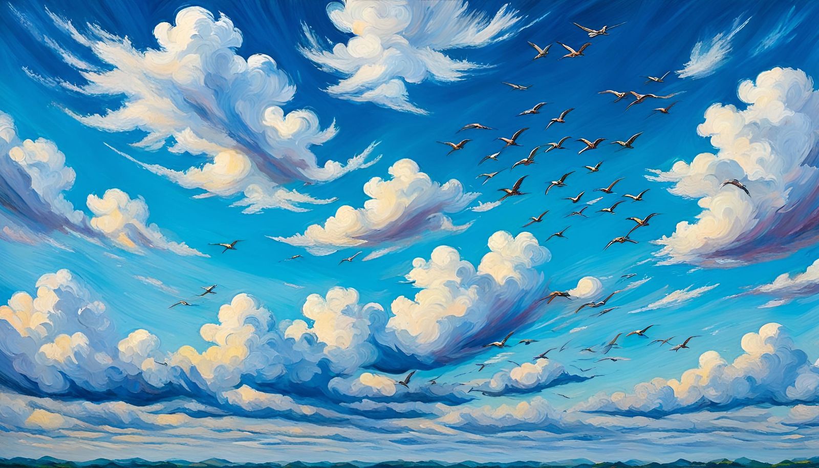 Migratory Birds in Flight: Neo-Impressionist Oil Painting