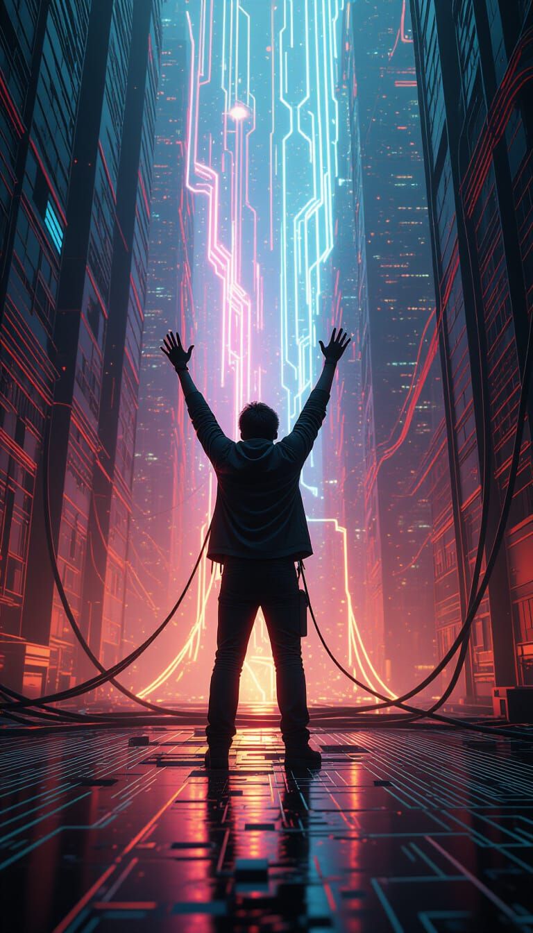 Dystopian Circuit Board City Plea in Neon Realism