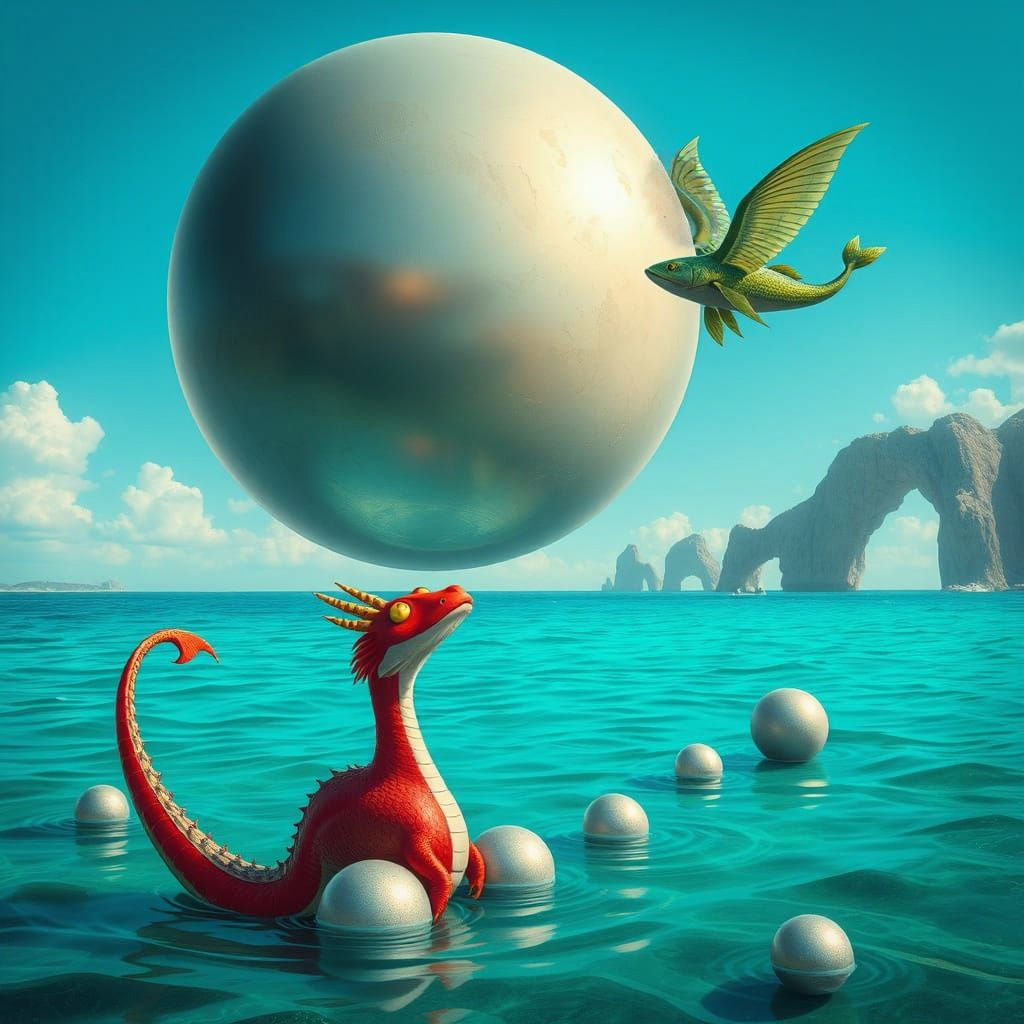 Surreal Sea Serpent and Floating Spheres
