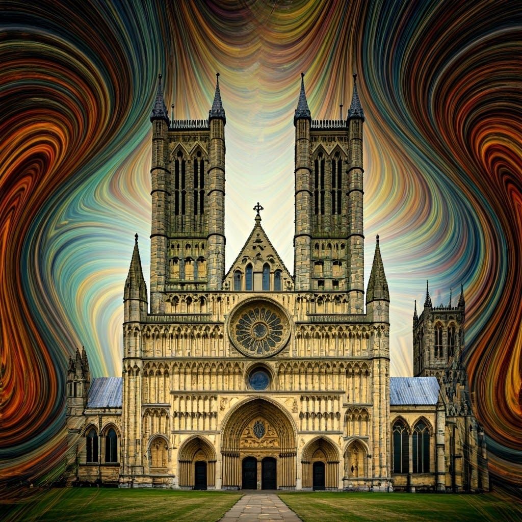 Dreamlike Gothic Cathedral in Vibrant, Swirling Colors