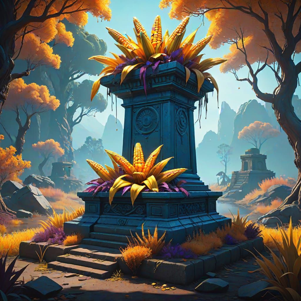 Vibrant Fantasy Corn Chips on Ancient Pedestal