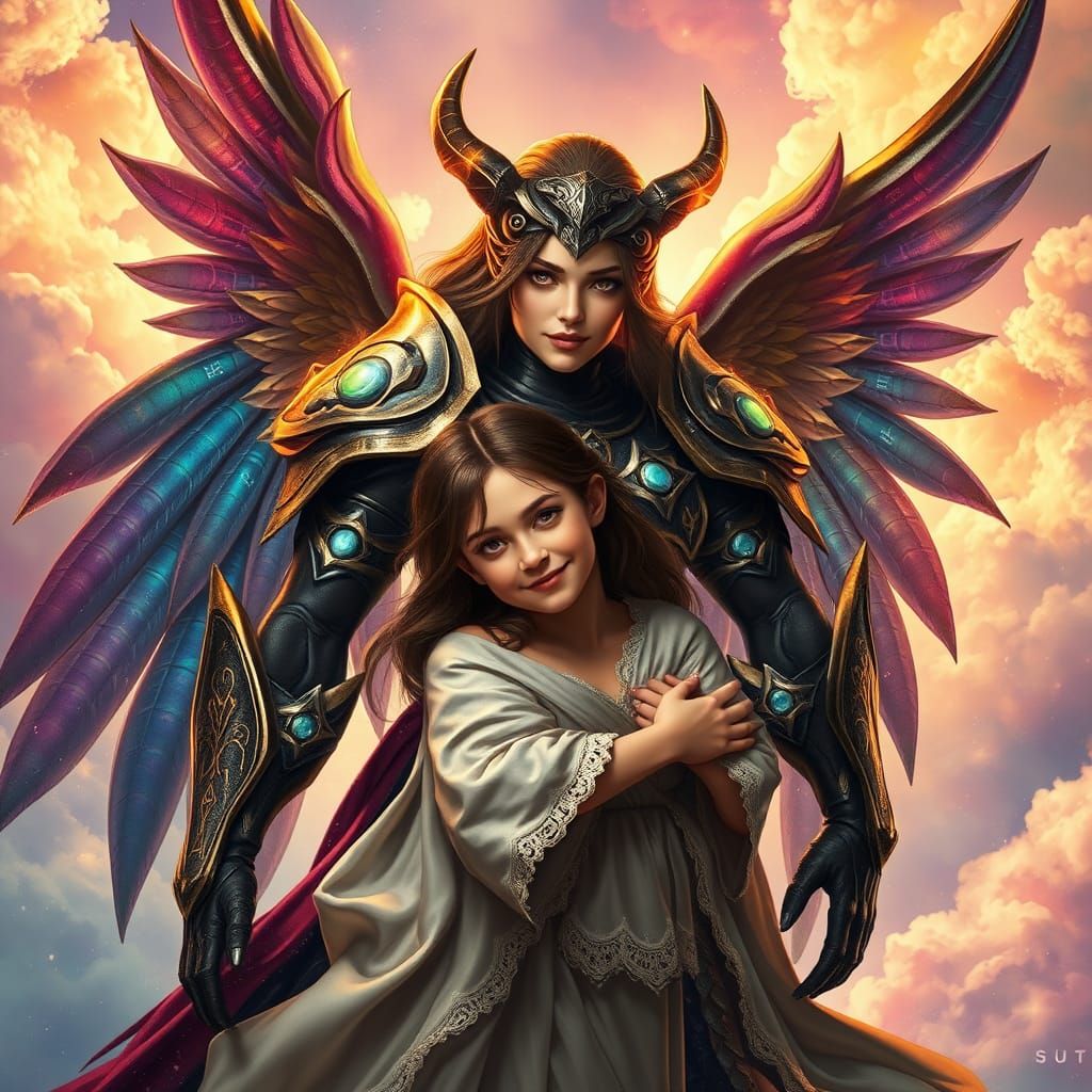 Nephilim and Human Embrace in Dreamlike Digital Art